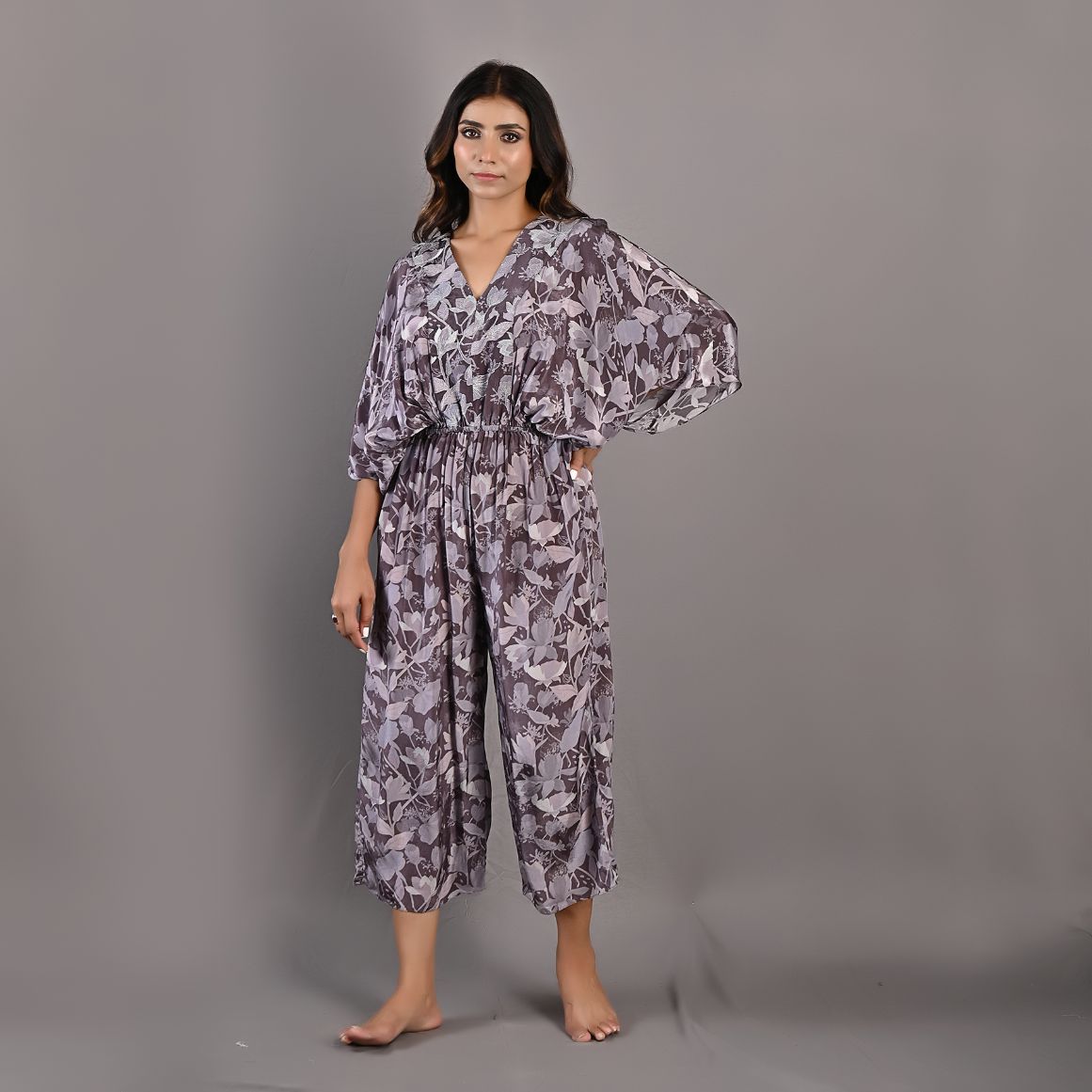 Winika- Mauve Floral Printed Jumpsuit with Embroidered Neckline-2