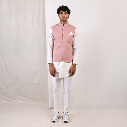 Alistair - Mauve Nehru Jacket with Off-White Asymmetrical Overlapped Kurta Set-0