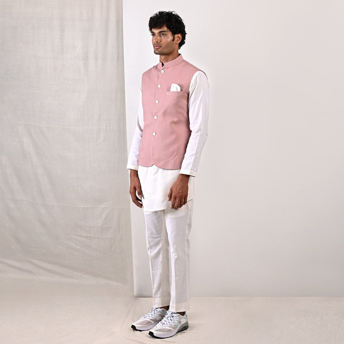 Alistair - Mauve Nehru Jacket with Off-White Asymmetrical Overlapped Kurta Set-4