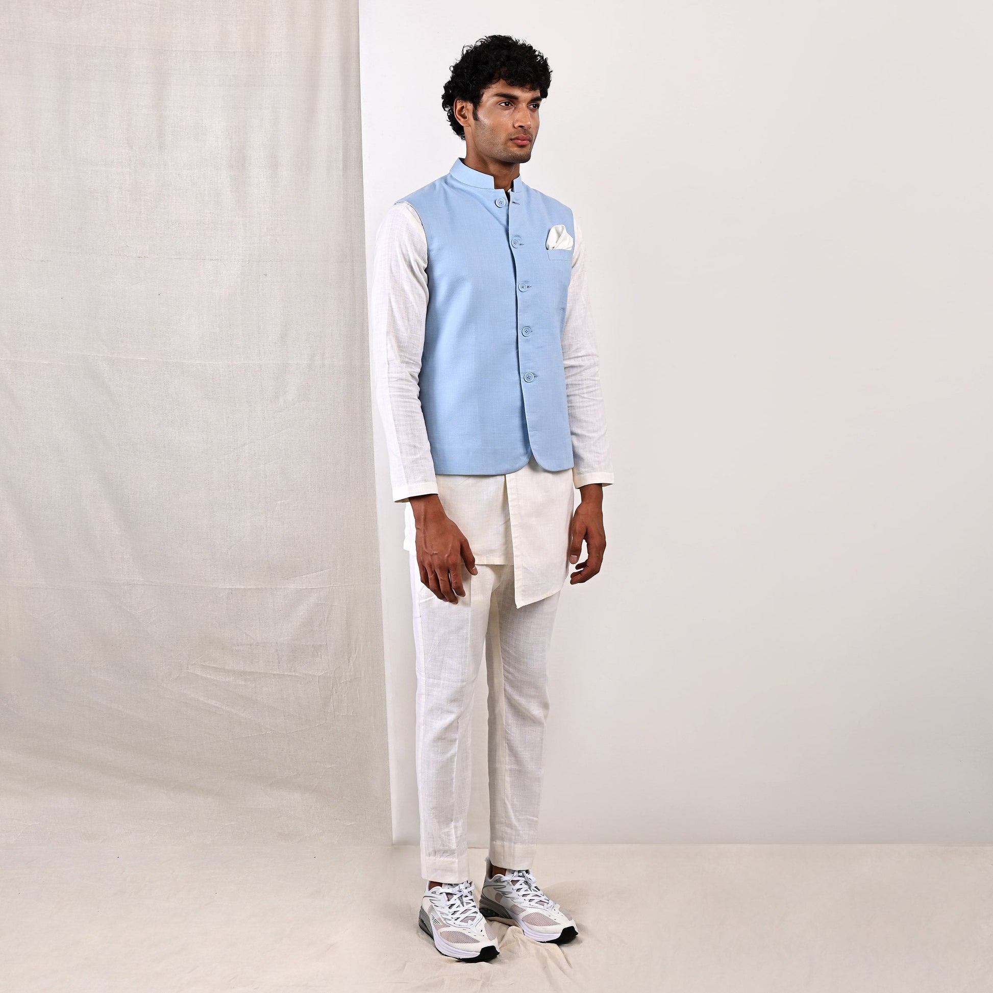 Damian -  Sky Blue Nehru Jacket with Off-White Asymmetrical Overlapped Kurta Set-2