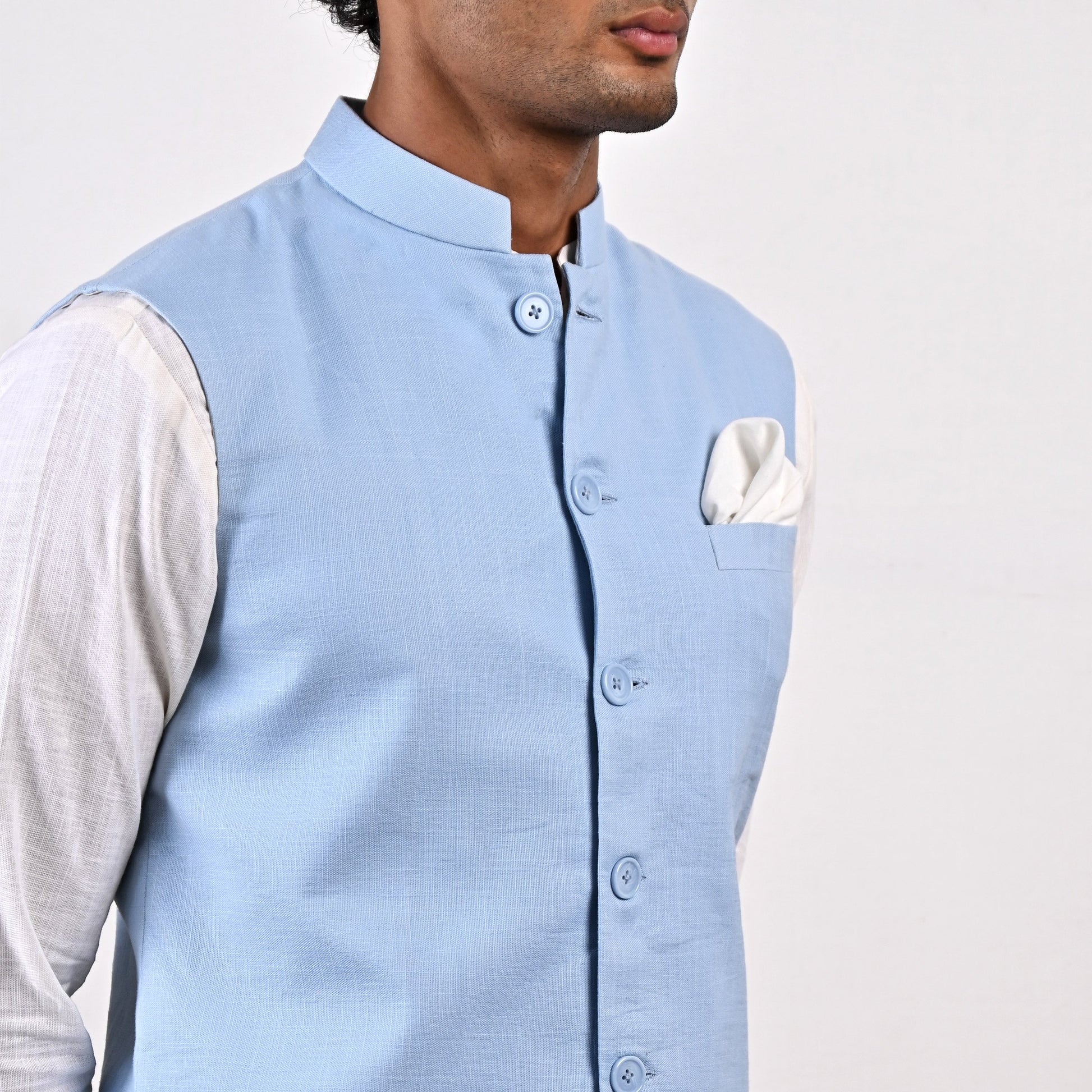 Damian -  Sky Blue Nehru Jacket with Off-White Asymmetrical Overlapped Kurta Set-3