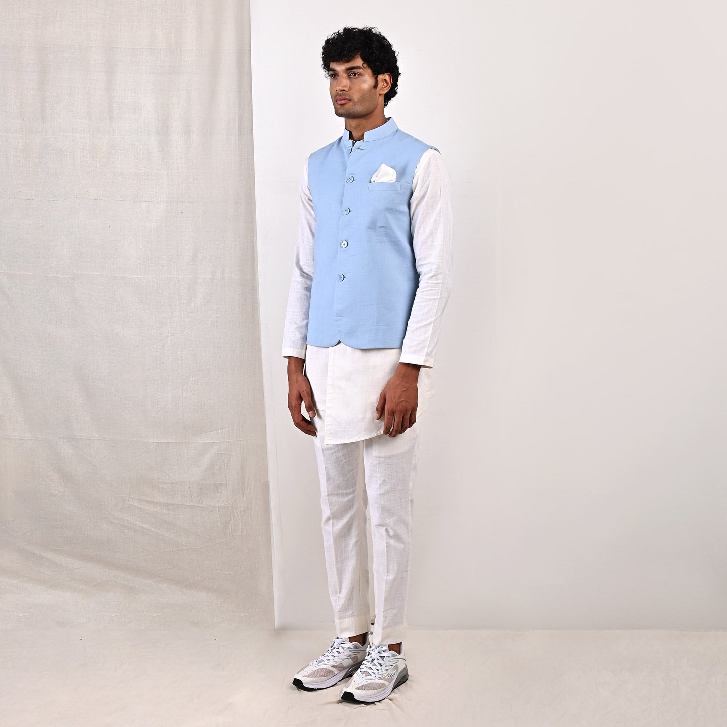 Damian -  Sky Blue Nehru Jacket with Off-White Asymmetrical Overlapped Kurta Set-4