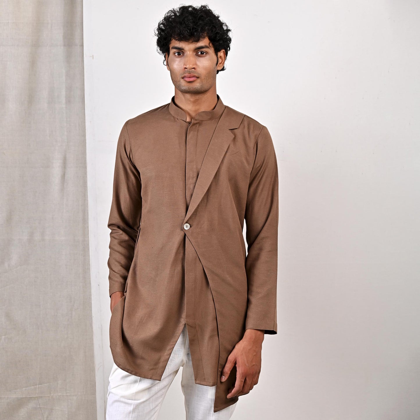 Cillian - Light Brown Short Kurta With Off White Pant Set-1