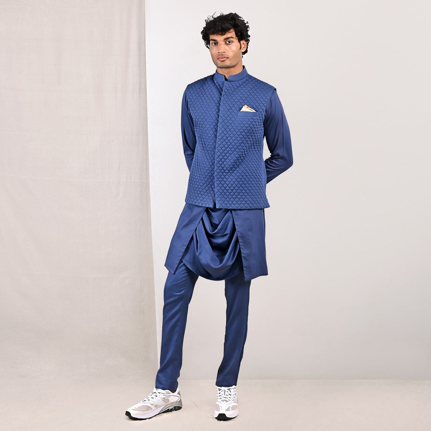 Niall - Blue Quilted Nehru Jacket with Cowl Kurta Set-0