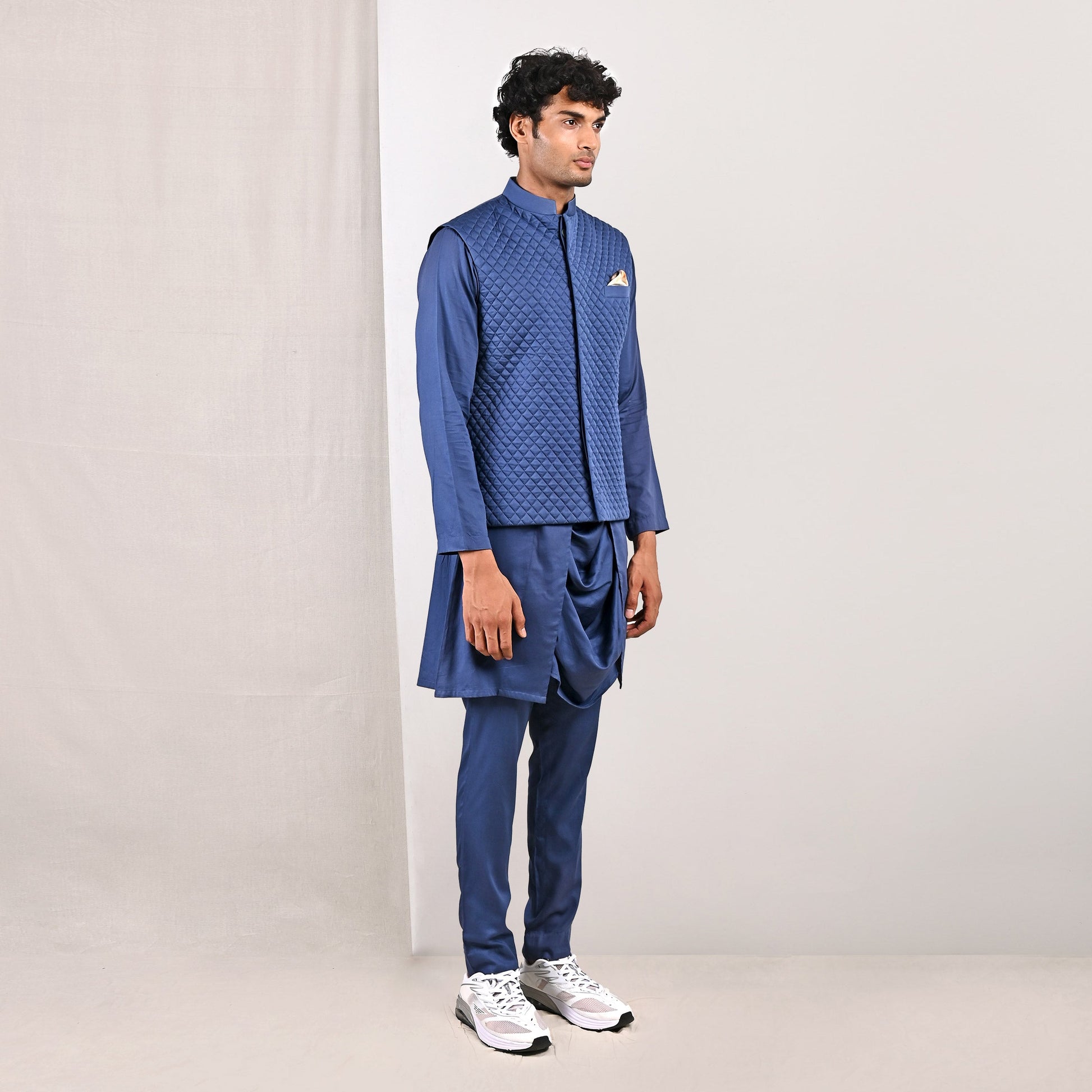 Niall - Blue Quilted Nehru Jacket with Cowl Kurta Set-1