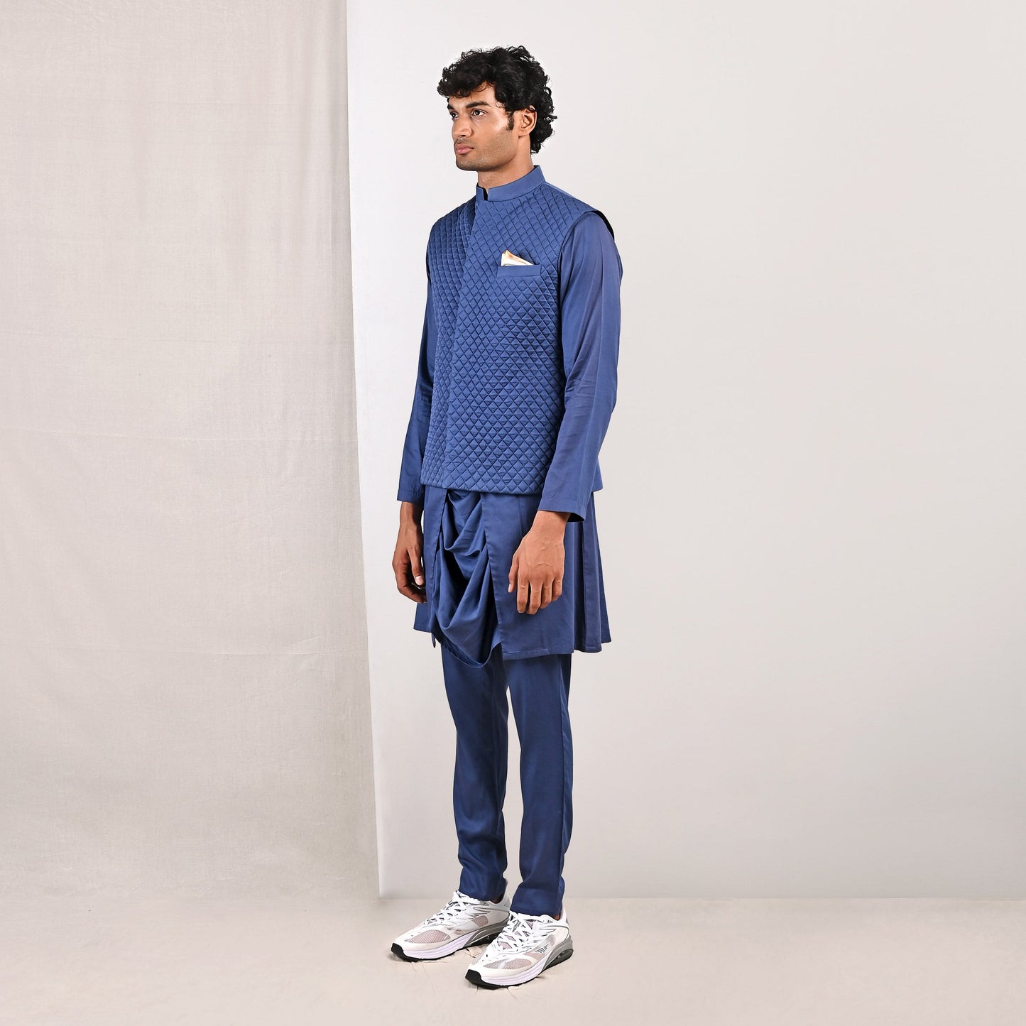 Niall - Blue Quilted Nehru Jacket with Cowl Kurta Set-2