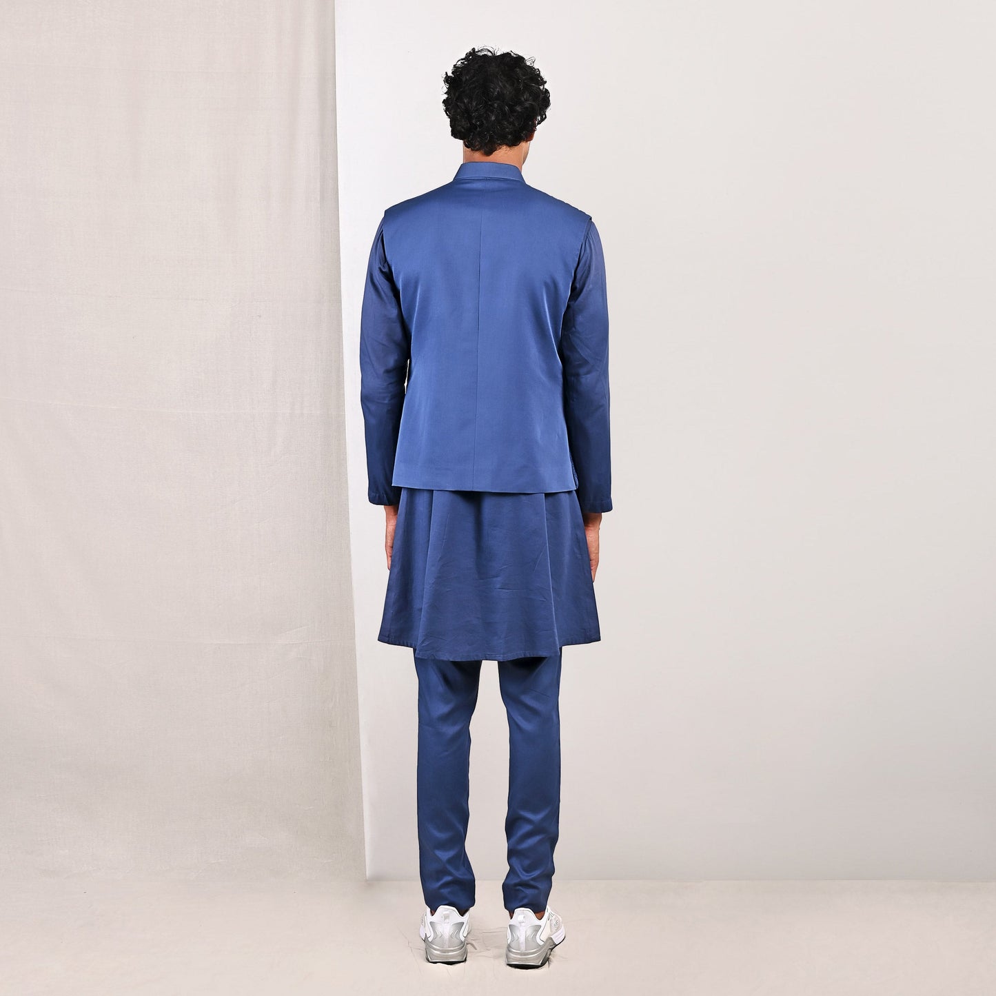 Niall - Blue Quilted Nehru Jacket with Cowl Kurta Set-3