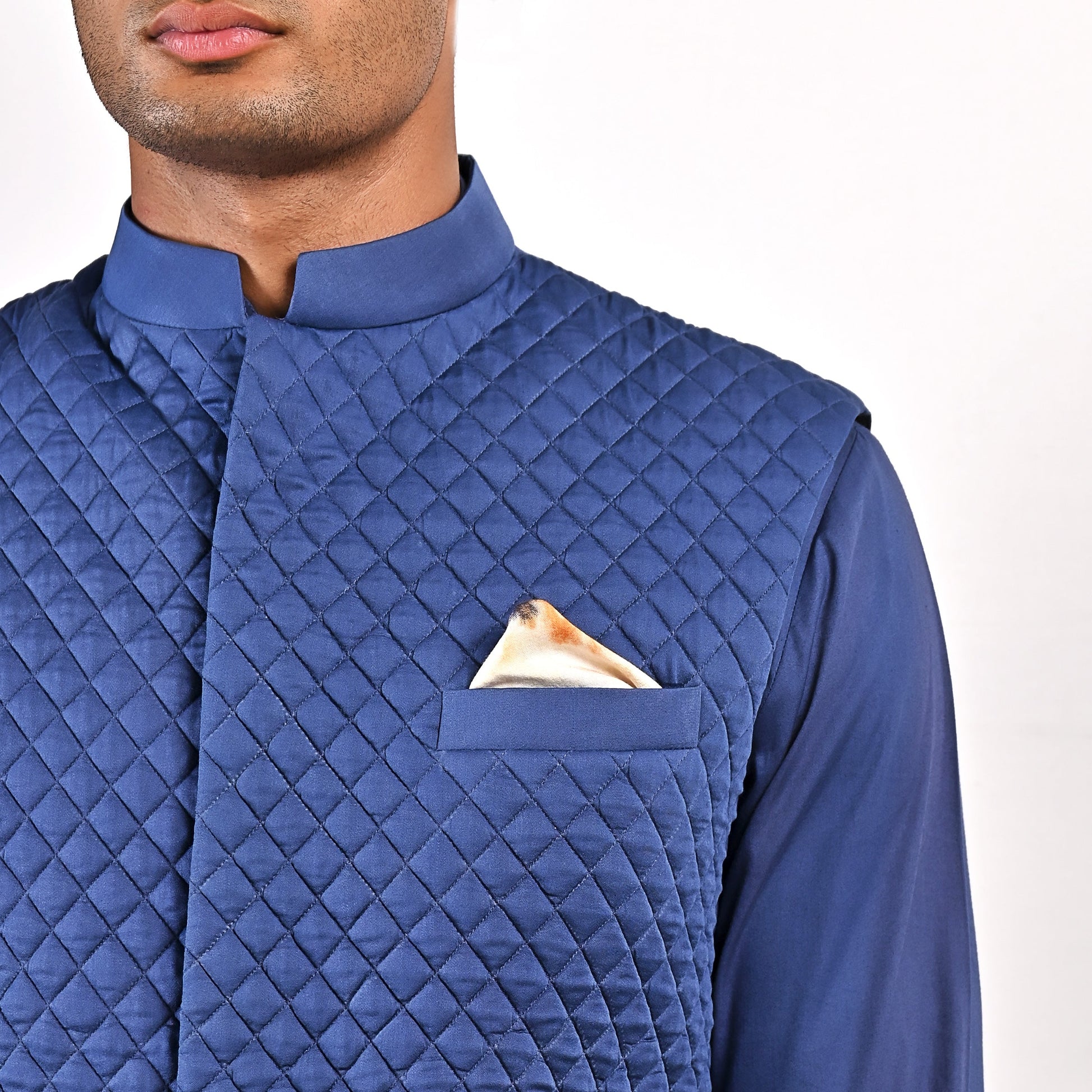 Niall - Blue Quilted Nehru Jacket with Cowl Kurta Set-4