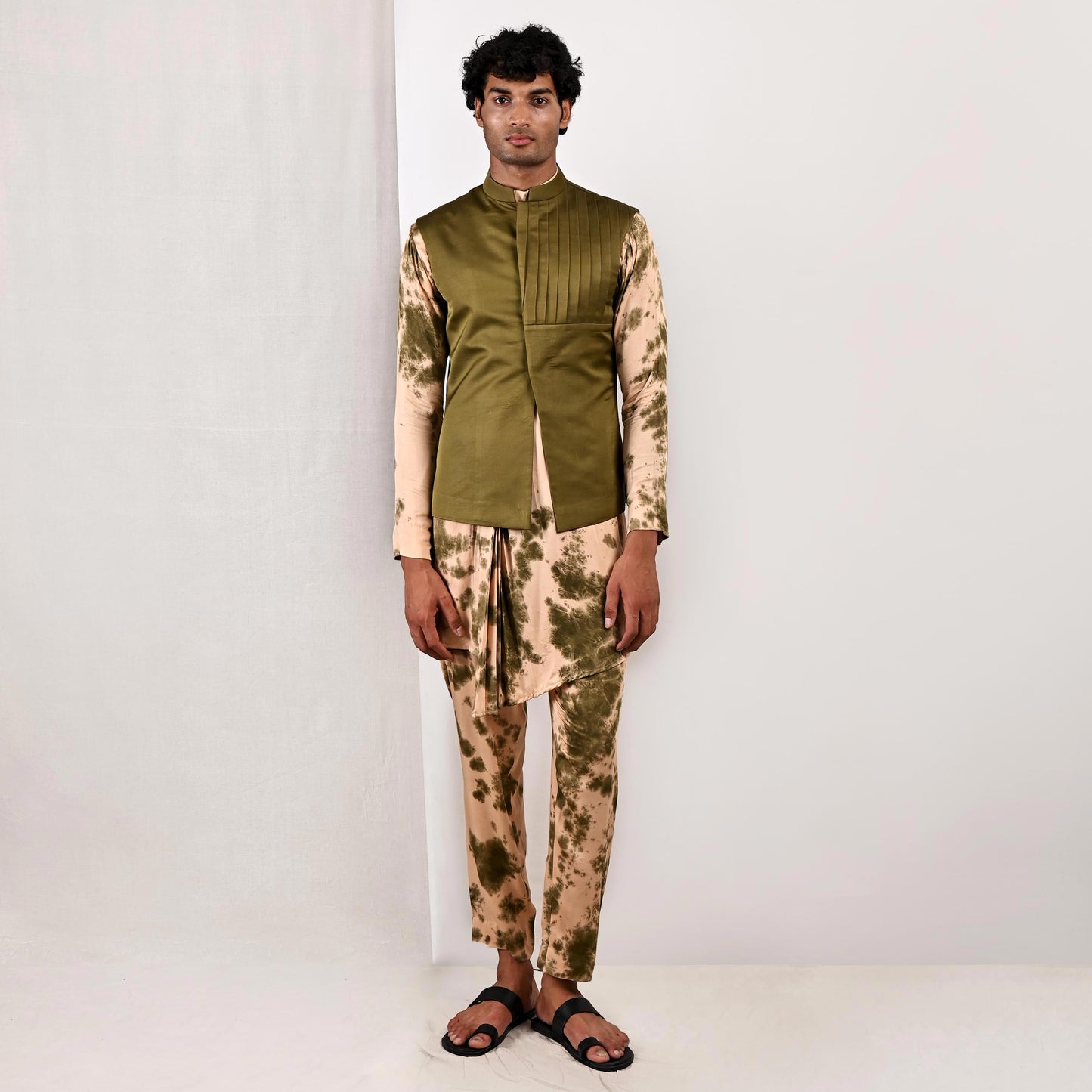 Trevor - Green Asymmetrical Pleated Jacket with Tie & Dye Pleated Kurta Set-0