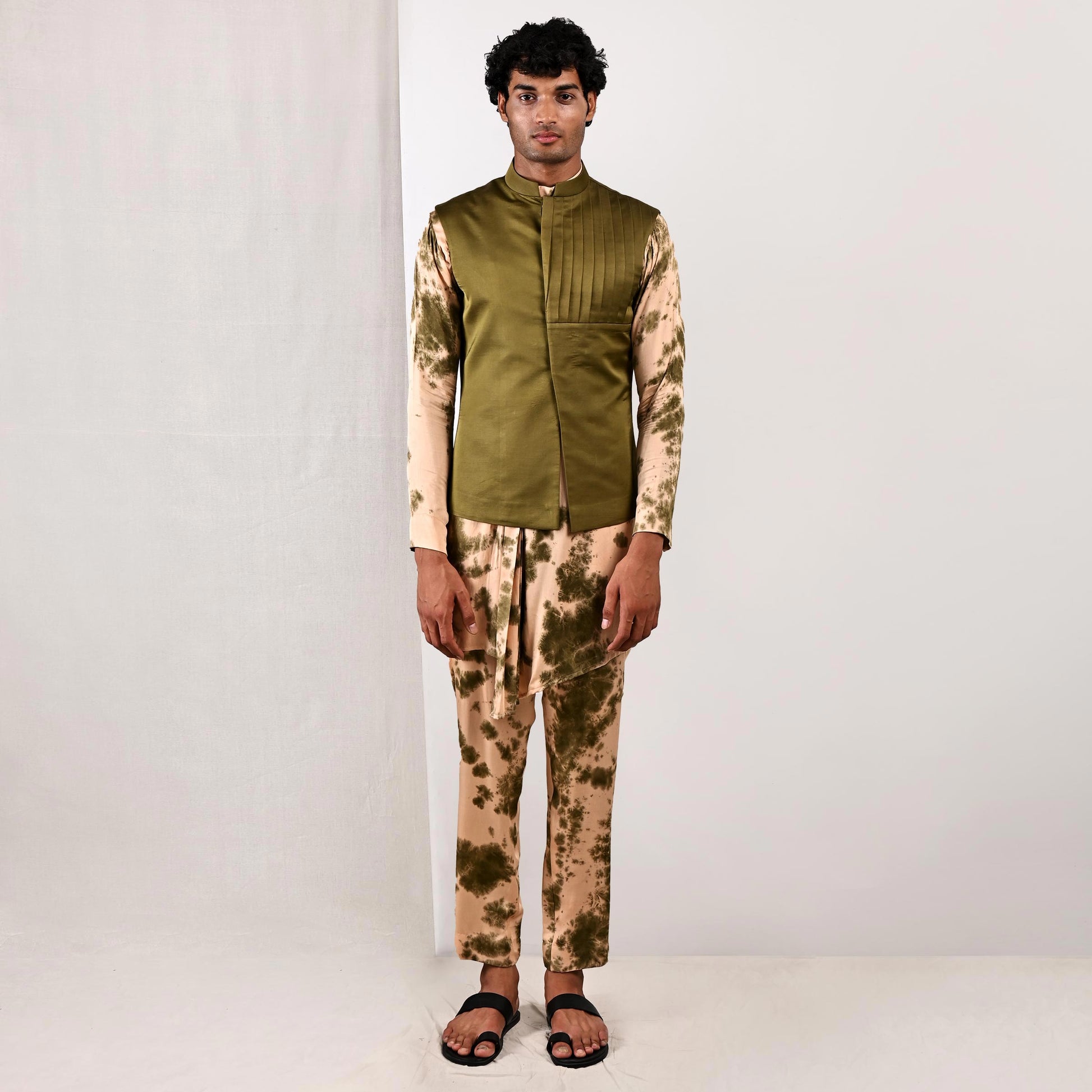 Trevor - Green Asymmetrical Pleated Jacket with Tie & Dye Pleated Kurta Set-1