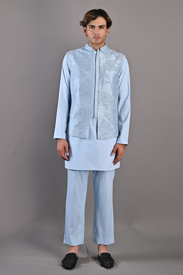 Terence - Light Blue Abstract Embroidered Nehru Jacket with Kurta Set-0