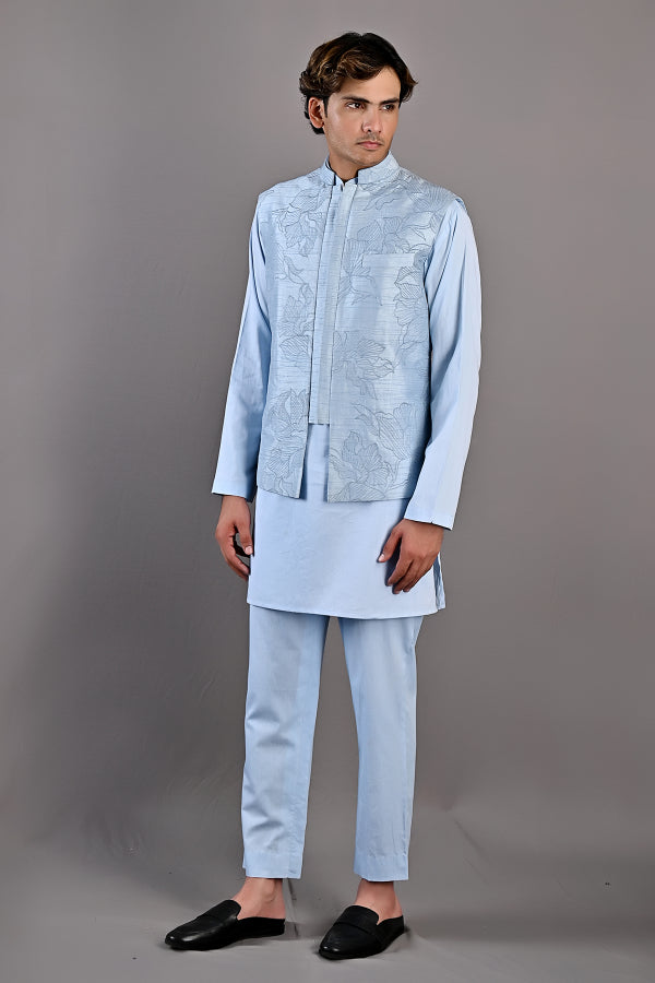 Terence - Light Blue Abstract Embroidered Nehru Jacket with Kurta Set-2