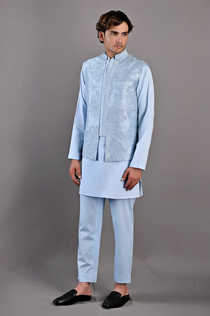 TERENCE - LIGHT BLUE ABSTRACT EMBROIDERED NEHRU JACKET WITH KURTA SET-2