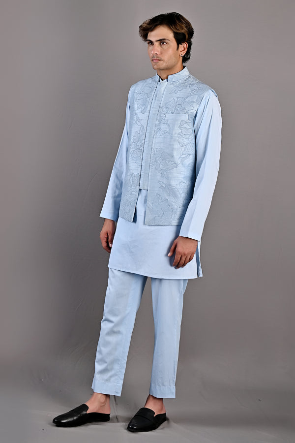 Terence - Light Blue Abstract Embroidered Nehru Jacket with Kurta Set-3