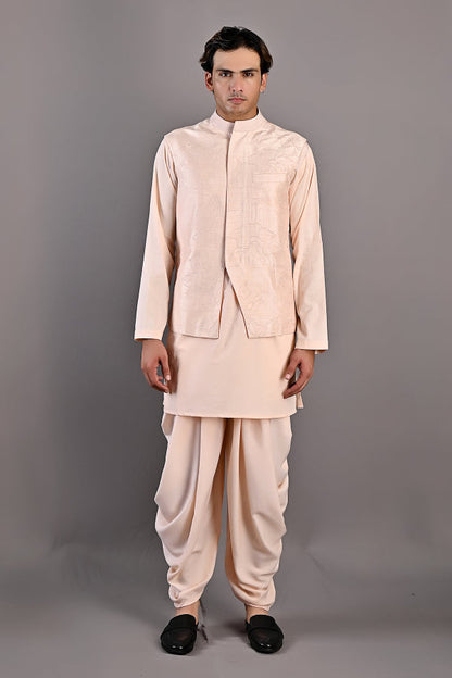 Cresento - Peach Abstract Embroidered Nehru Jacket With Kurta Set-0