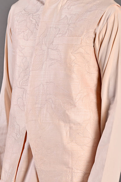 Cresento - Peach Abstract Embroidered Nehru Jacket With Kurta Set-1