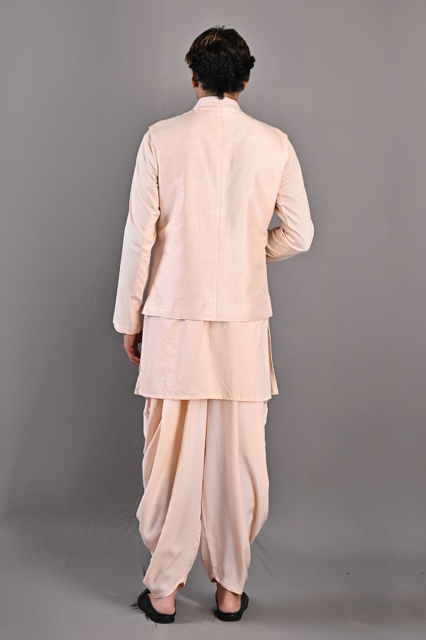 Cresento - Peach Abstract Embroidered Nehru Jacket With Kurta Set-2