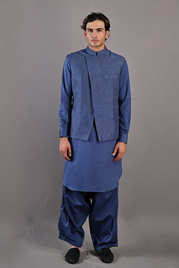 Garance - Blue Abstract Embroidered Nehru Jacket with Kurta Set-0