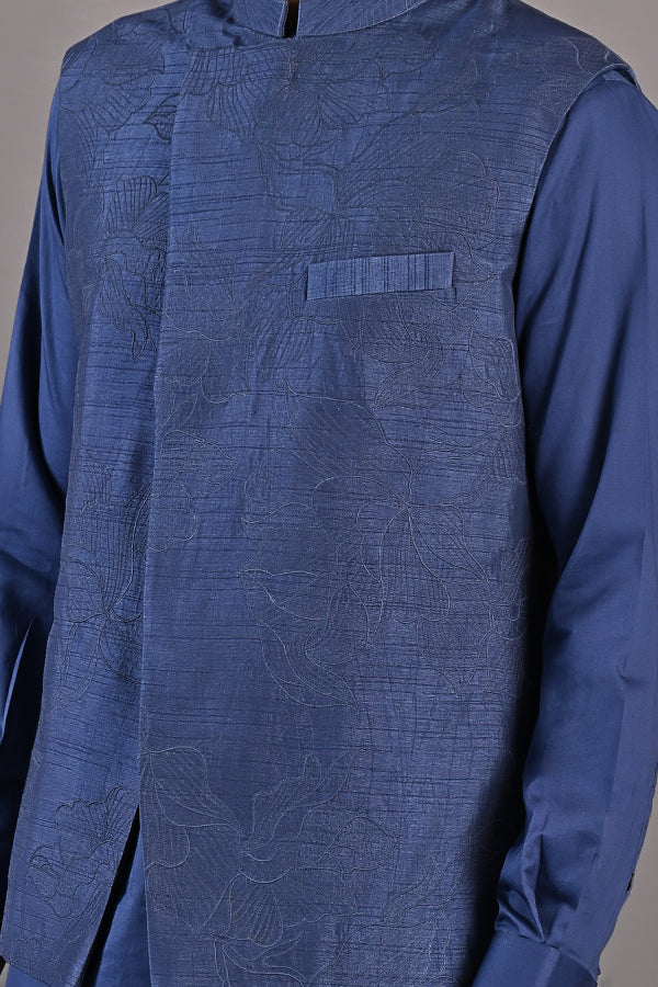 Garance - Blue Abstract Embroidered Nehru Jacket with Kurta Set-1