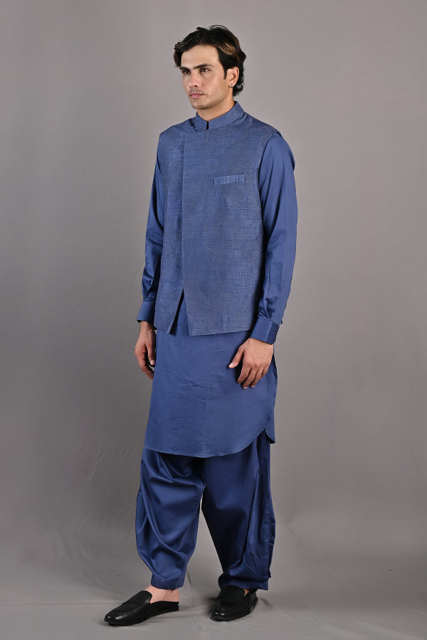 Garance - Blue Abstract Embroidered Nehru Jacket with Kurta Set-2