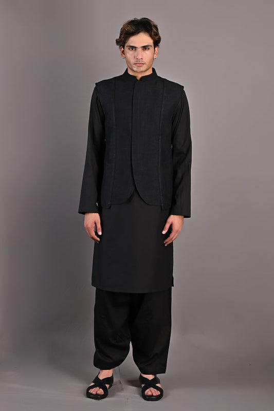 Haruka - Black Abstract Embroidered Nehru Jacket with Kurta Set-0