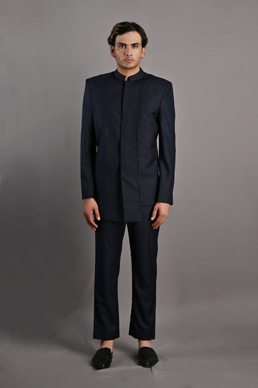 Waylon - Navy Blue Asymmetric Bandhgala Jacket Set-0