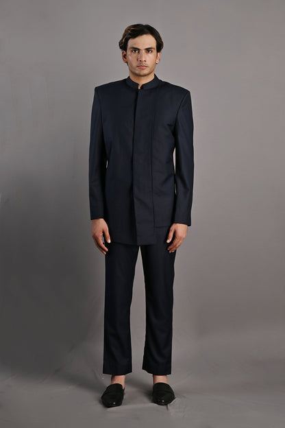 WAYLON - NAVY BLUE ASYMMETRIC BANDHGALA JACKET SET-0