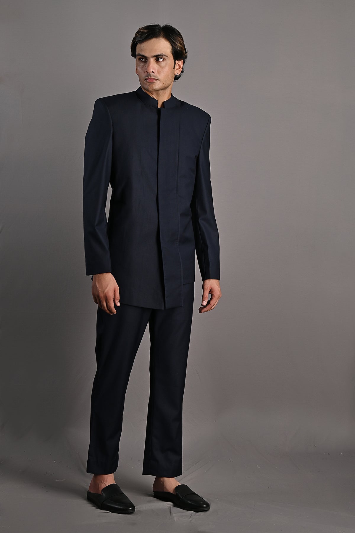 WAYLON - NAVY BLUE ASYMMETRIC BANDHGALA JACKET SET-1