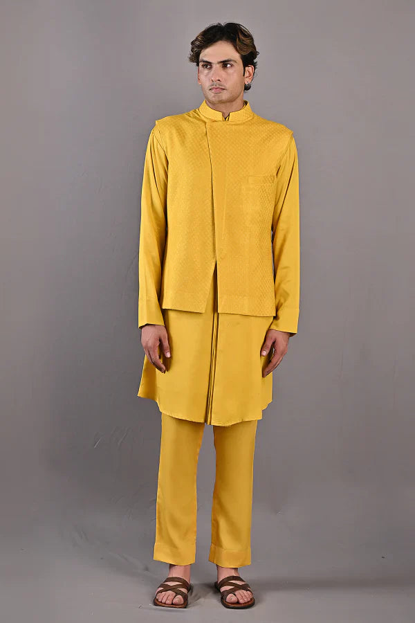 KAI - Mustard Self Textured Kurta Set With Nehru Jacket-0