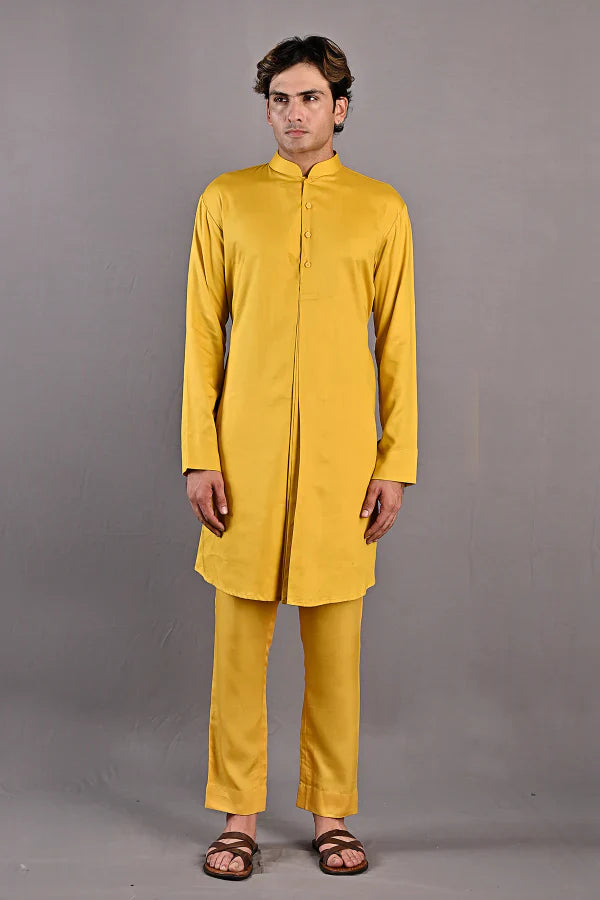 KAI - Mustard Self Textured Kurta Set With Nehru Jacket-2