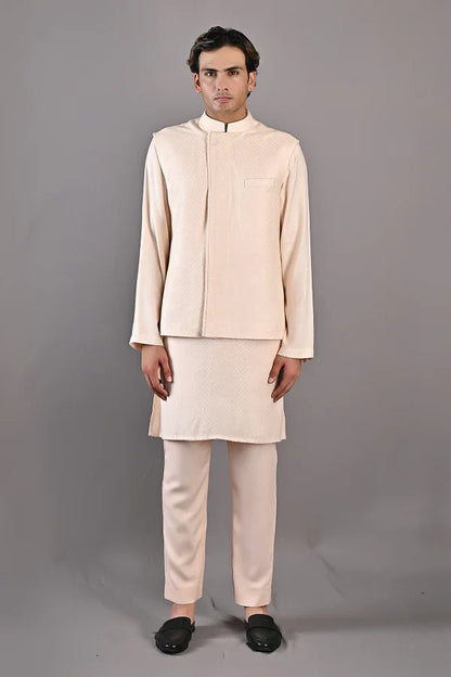 LEO - Peach Self Textured Nehru jacket With kurta set-0