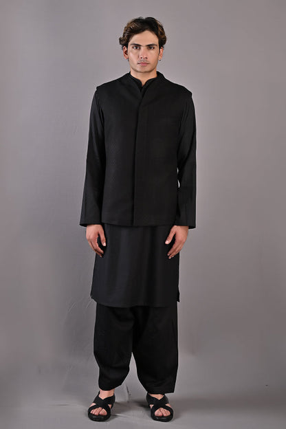 Adam - Black Self Textured Nehru jacket With Kurta set-0