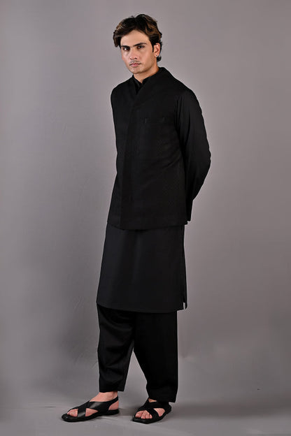 Adam - Black Self Textured Nehru jacket With Kurta set-1