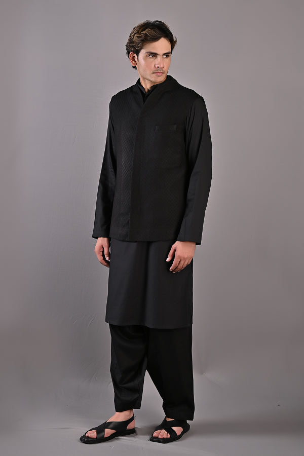 Adam - Black Self Textured Nehru jacket With Kurta set-2