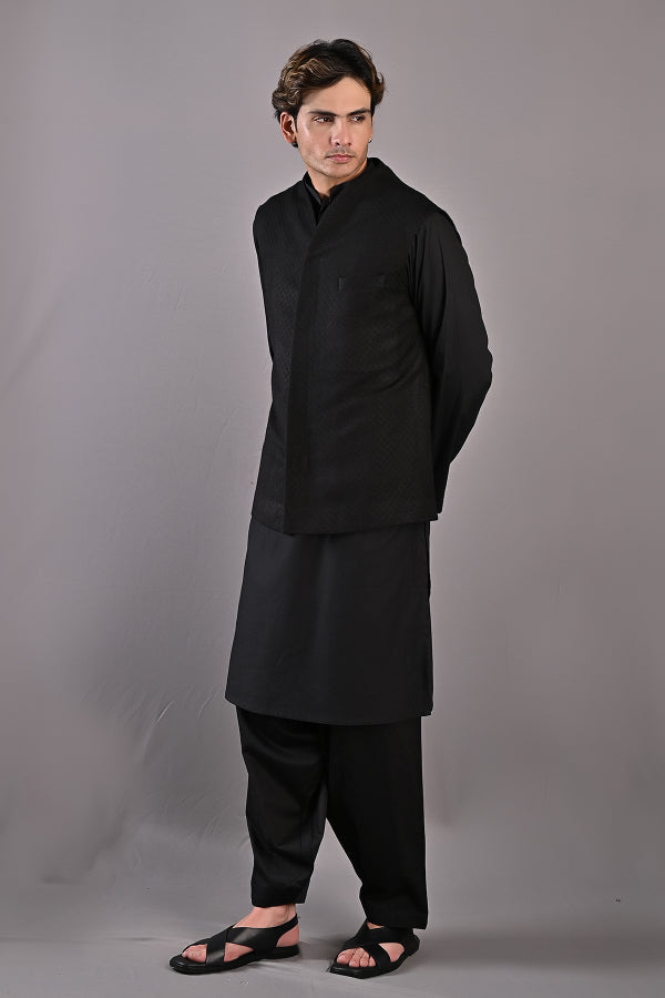 Adam - Black Self Textured Nehru jacket With Kurta set-3