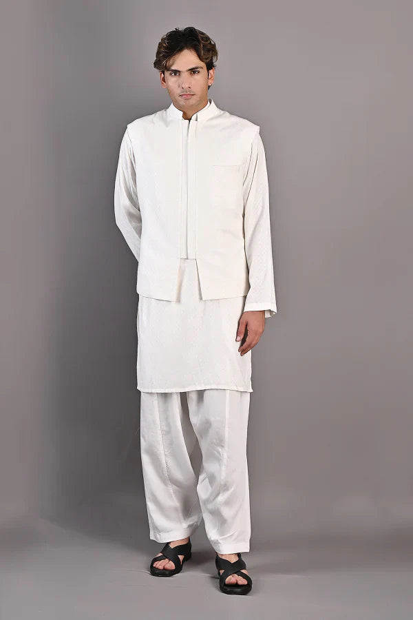 Mateo - Off White Self Textured Nehru jacket with kurta set-0