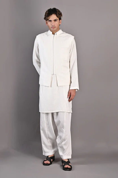 Mateo - Off White Self Textured Nehru jacket with kurta set-0