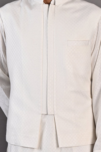 Mateo - Off White Self Textured Nehru jacket with kurta set-2