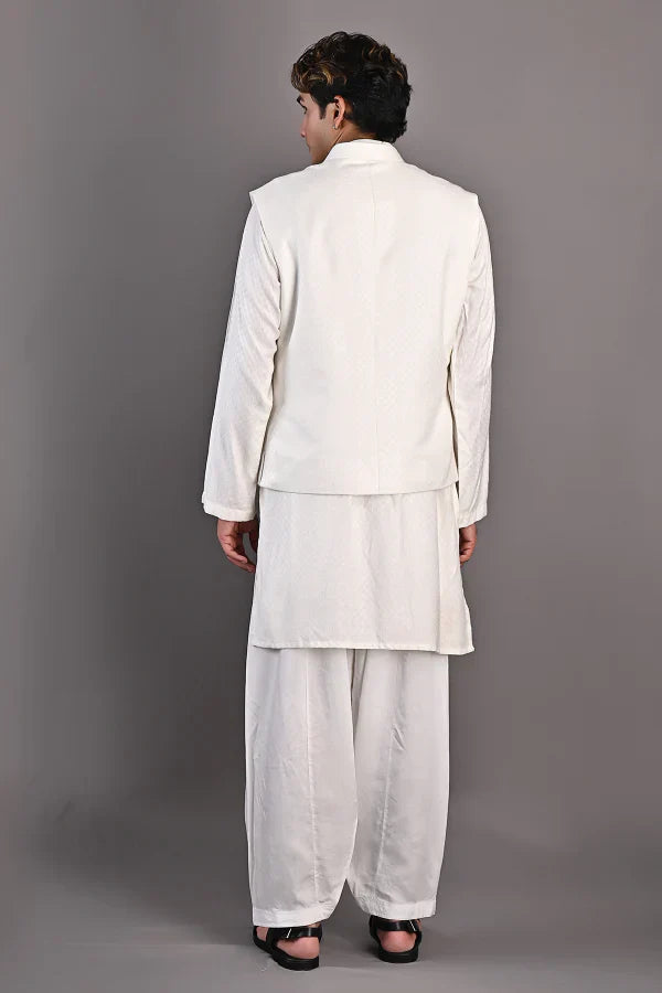 Mateo - Off White Self Textured Nehru jacket with kurta set-1