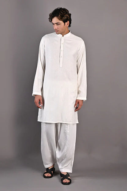 Mateo - Off White Self Textured Nehru jacket with kurta set-3