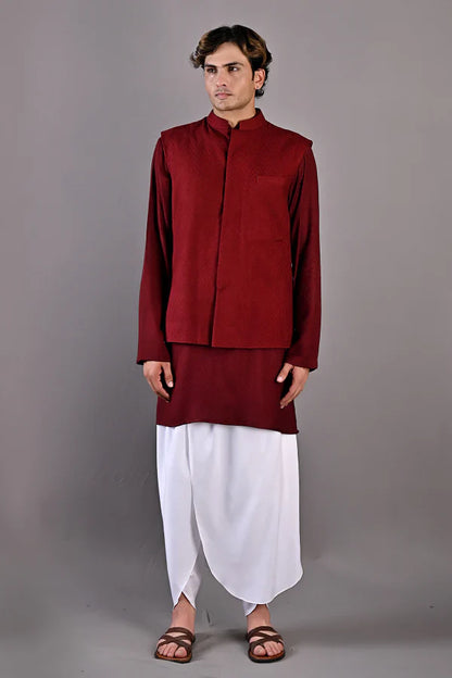 DANIEL - Maroon Self Textured Nehru jacket With Kurta & White Tulip pant Set-0