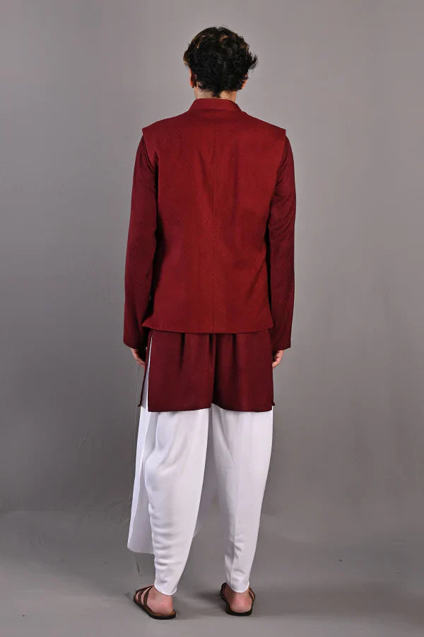 DANIEL - Maroon Self Textured Nehru jacket With Kurta & White Tulip pant Set-1