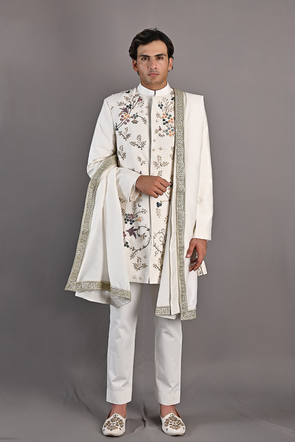 OAKLEY - OFF WHITE HAND EMBROIDERY SHERWANI JACKET SET-0