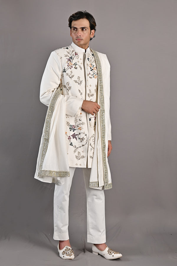 OAKLEY - OFF WHITE HAND EMBROIDERY SHERWANI JACKET SET-3