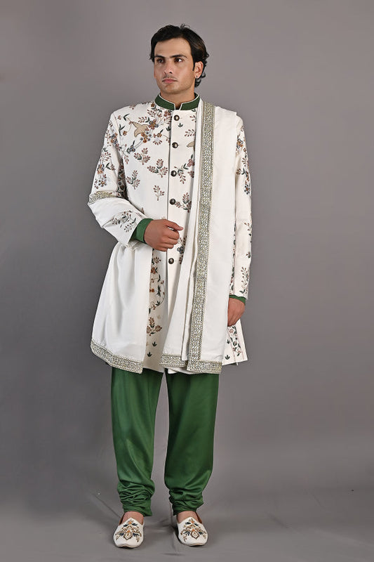 BROOK - OFF WHITE HAND EMBROIDERED SHERWANI JACKET SET-0