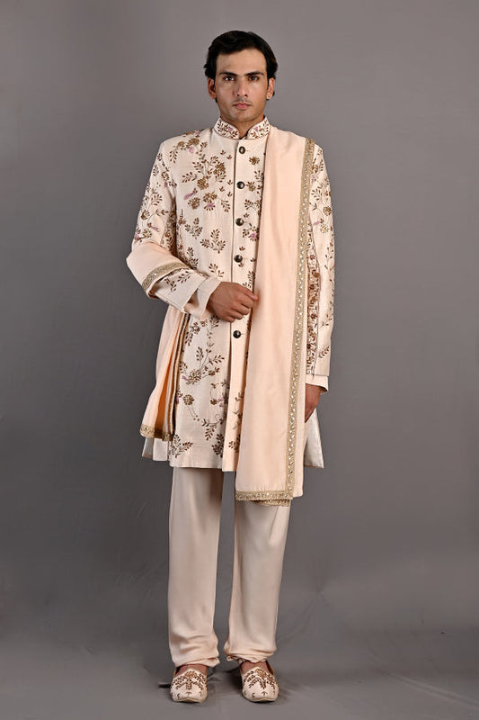 Rosen - Peach Hand Embroidered Sherwani Jacket set-0