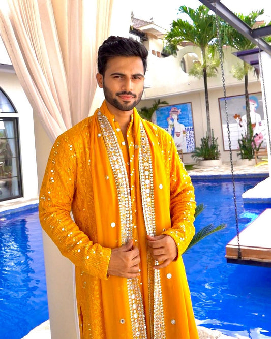 Tarun Molri in our Dhruva - Mustard Chikankari Kurta Set-0