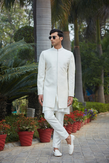 Raksa - Off White Chikankari Achkan Jacket With Front Open Kurta Set-0