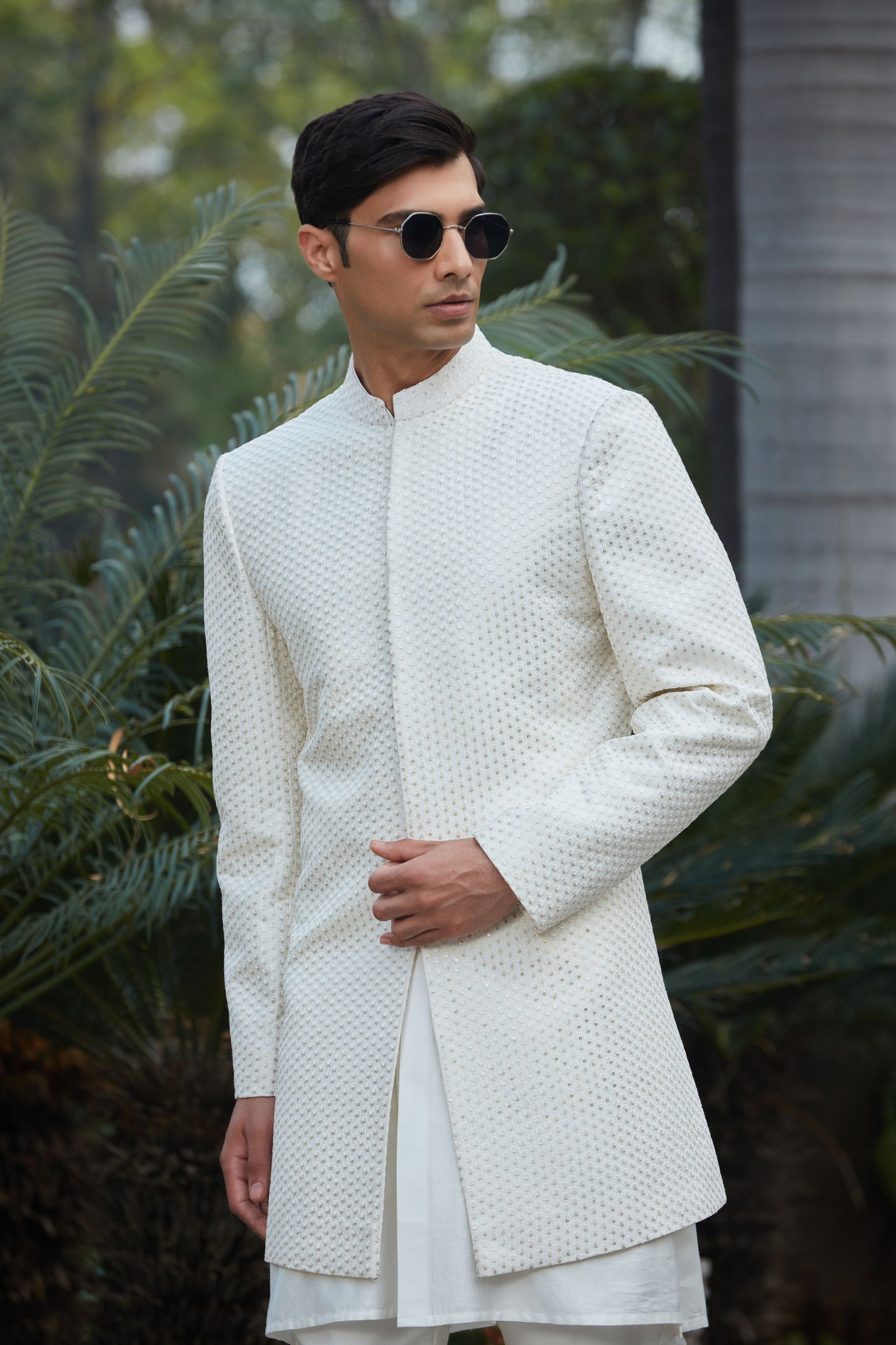 Raksa - Off White Chikankari Achkan Jacket With Front Open Kurta Set-1