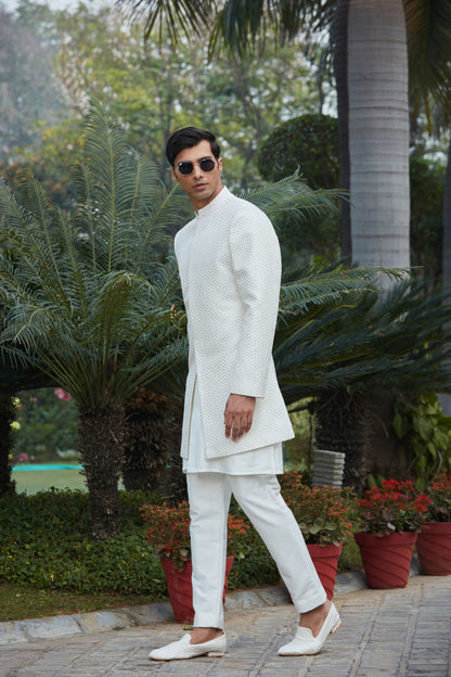 Raksa - Off White Chikankari Achkan Jacket With Front Open Kurta Set-2